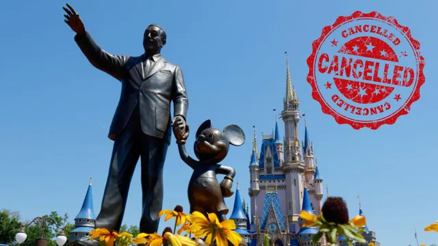 Archive composite showing a Disney statue and a cancelled stamp; the stamp is commentary, not a verified company announcement.